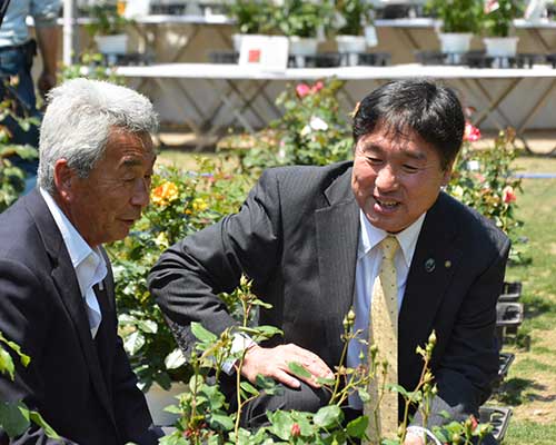 画像　花卉生産者の方から説明をきく斉藤区長